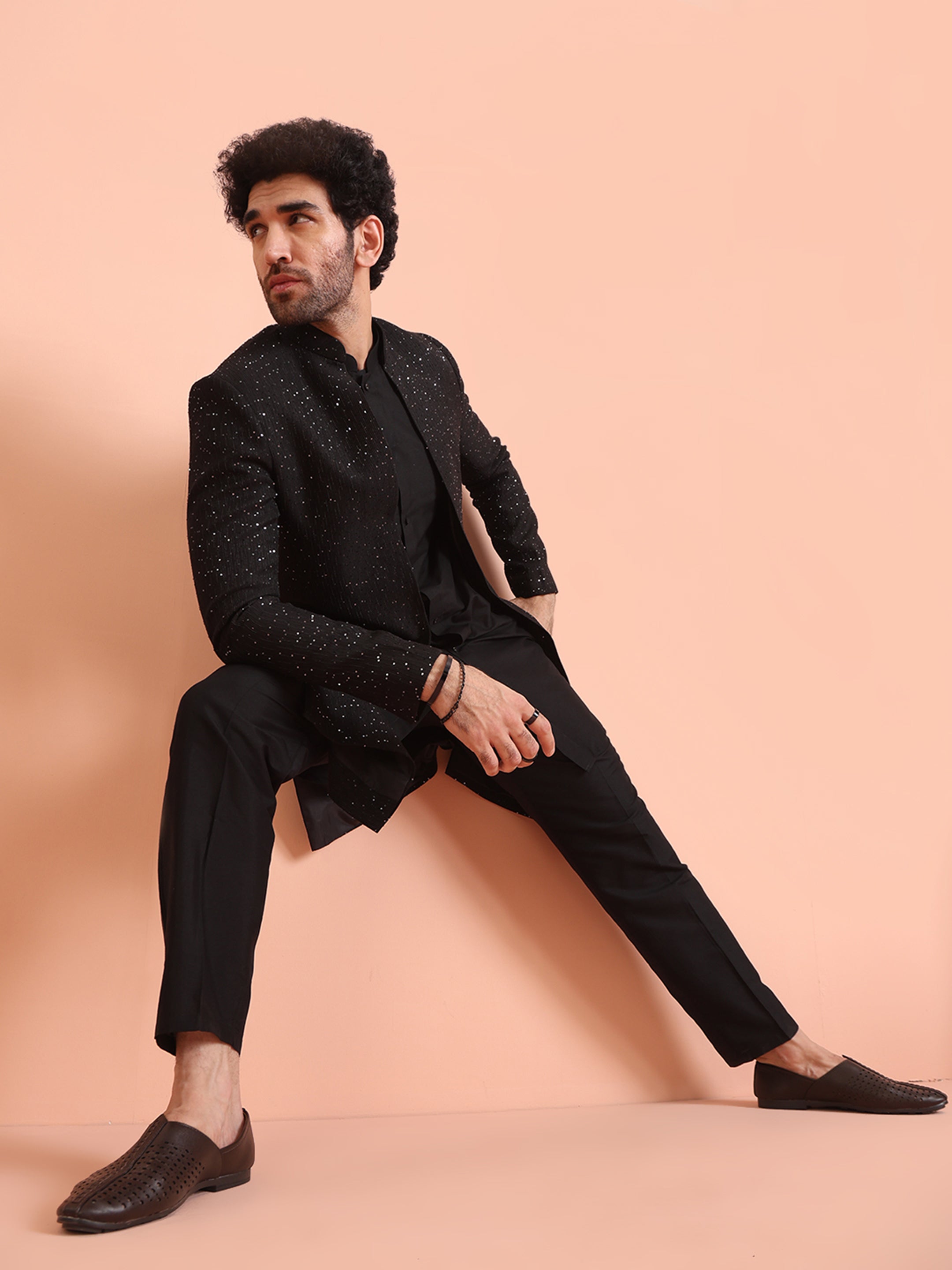 Black Sequinned Blended Indo Western Sherwani (3-Piece) - Image 1