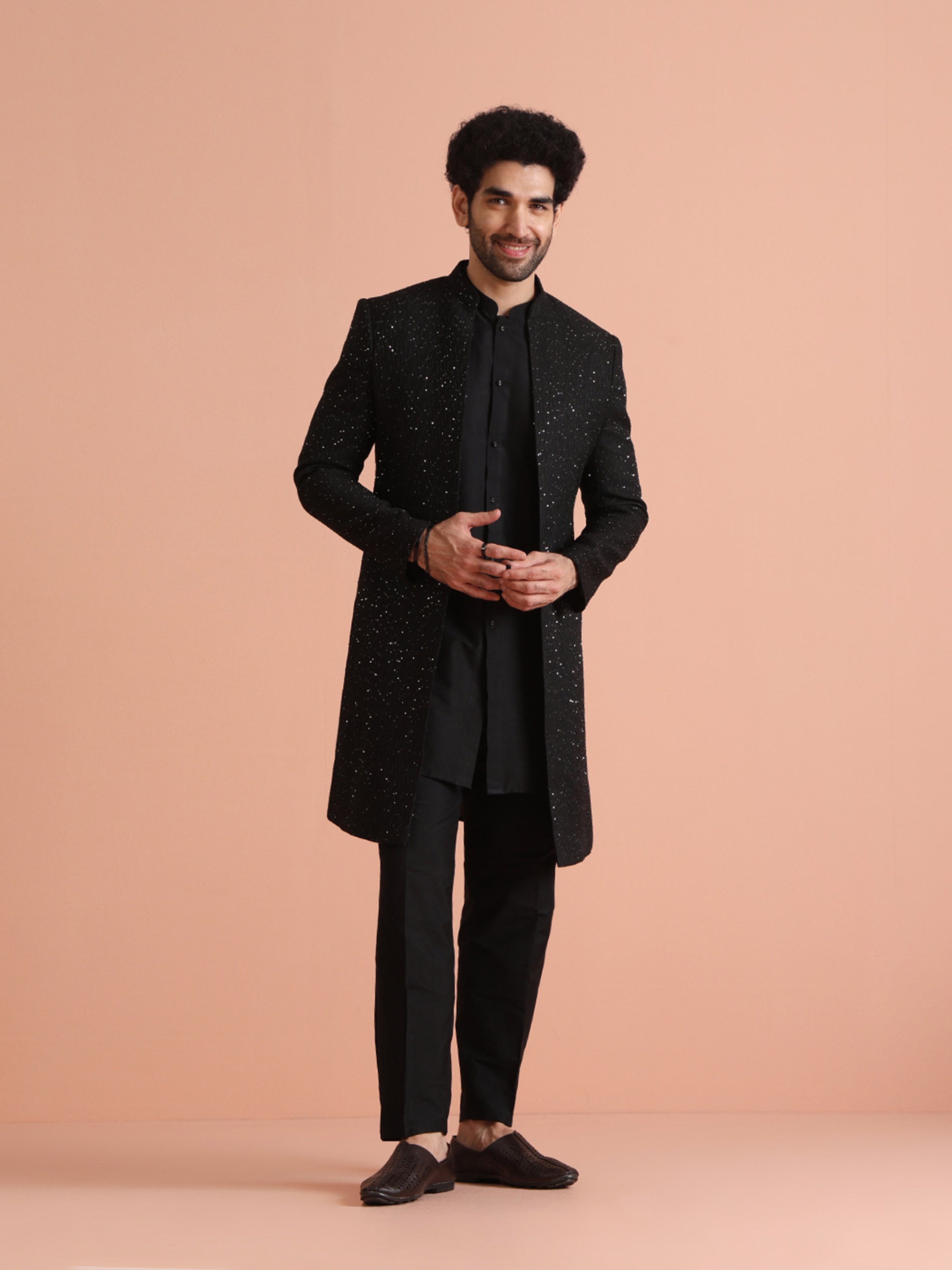 Black Sequinned Blended Indo Western Sherwani (3-Piece) - Image 2