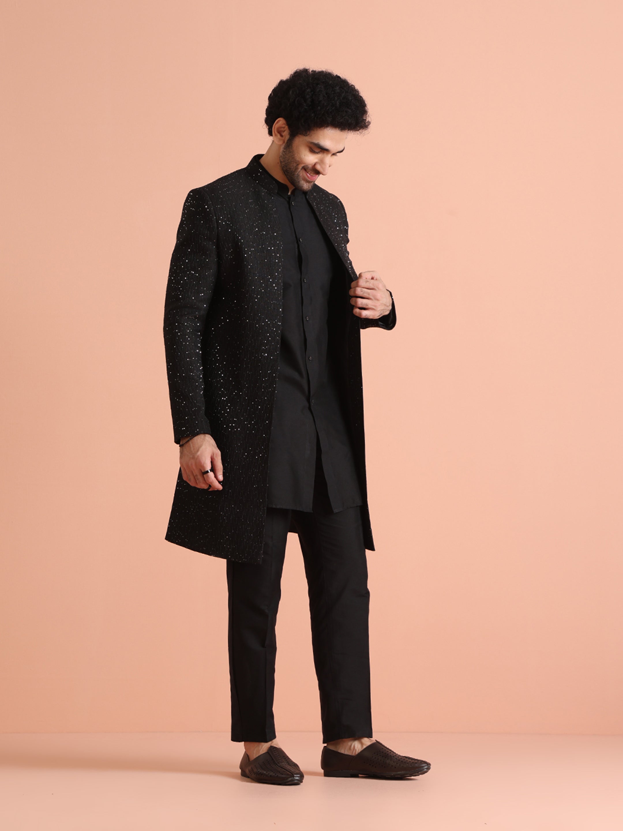 Black Sequinned Blended Indo Western Sherwani (3-Piece) - Image 3