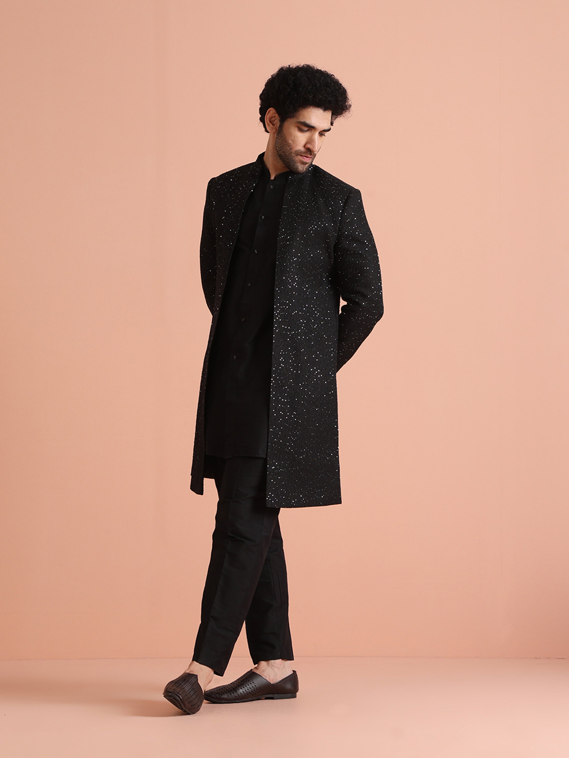 Black Sequinned Blended Indo Western Sherwani (3-Piece) - Image 4