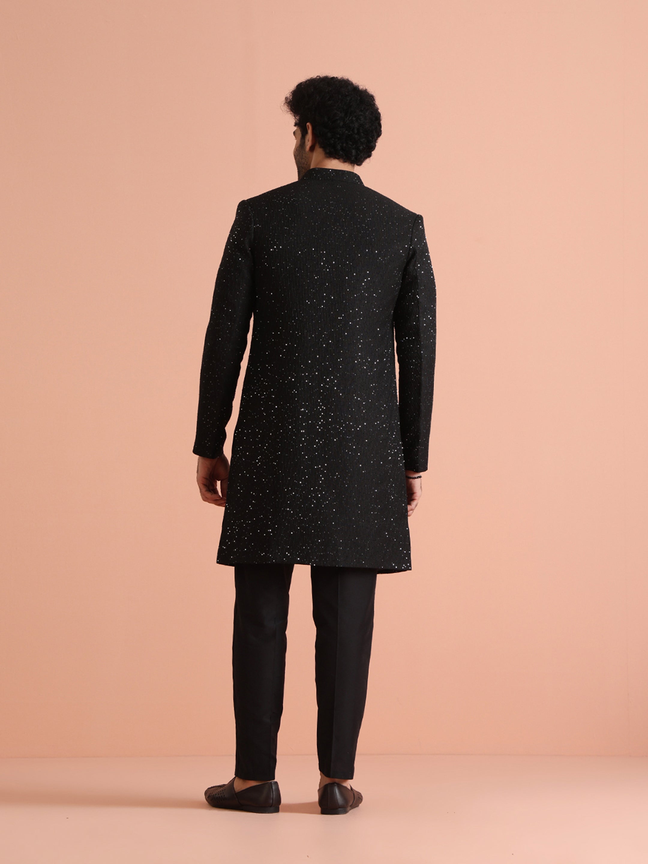 Black Sequinned Blended Indo Western Sherwani (3-Piece) - Image 5