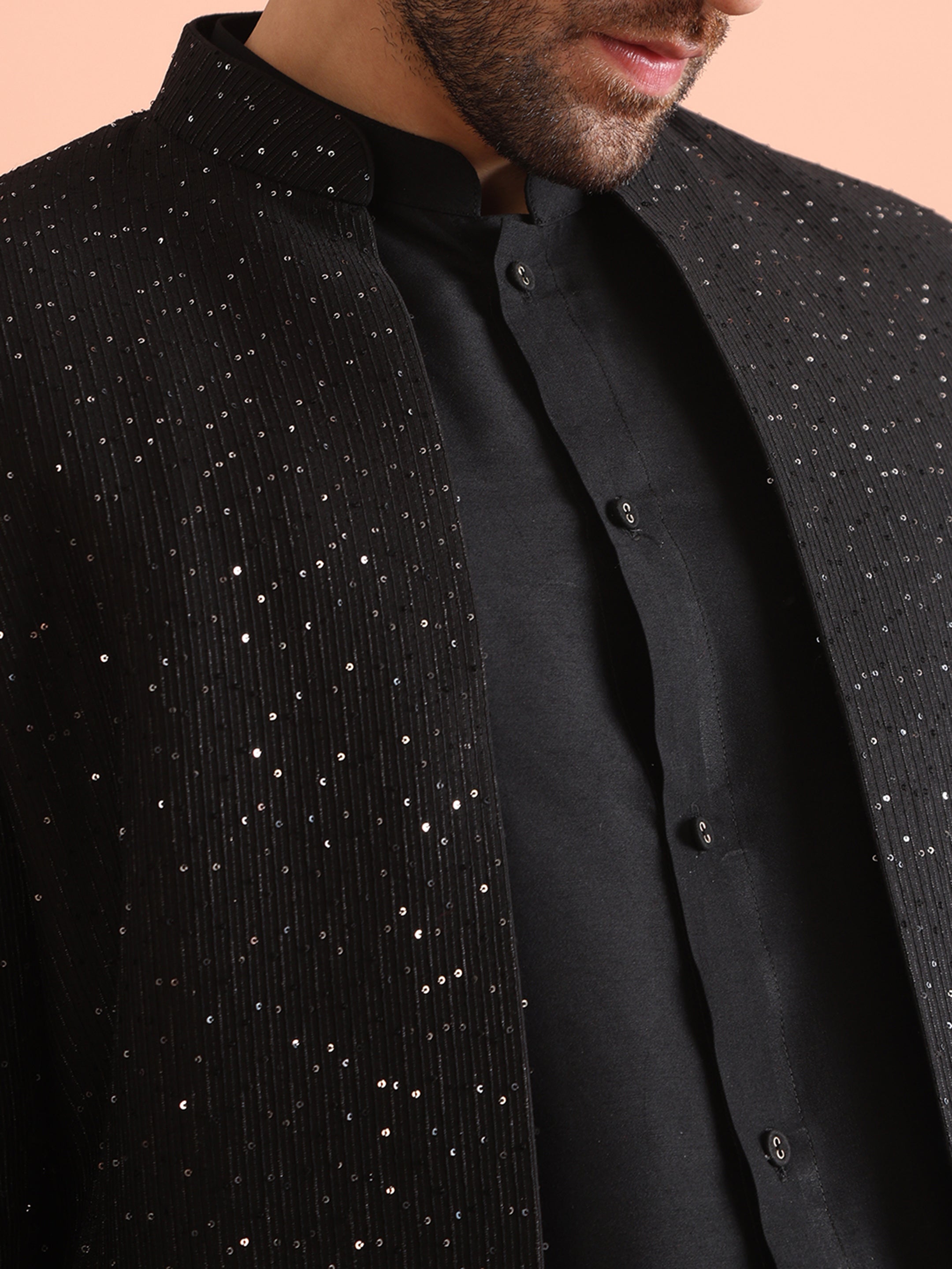 Black Sequinned Blended Indo Western Sherwani (3-Piece) - Image 6