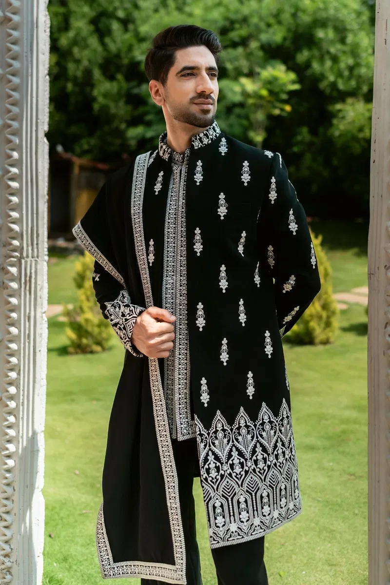 Black Embroidered Bomario Silk Indo-Western Sherwani (3-Piece) - Image 1