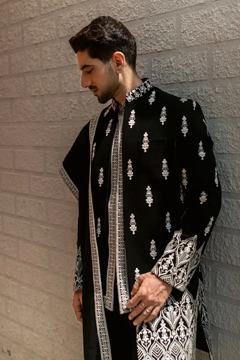 Black Embroidered Bomario Silk Indo-Western Sherwani (3-Piece) - Image 2