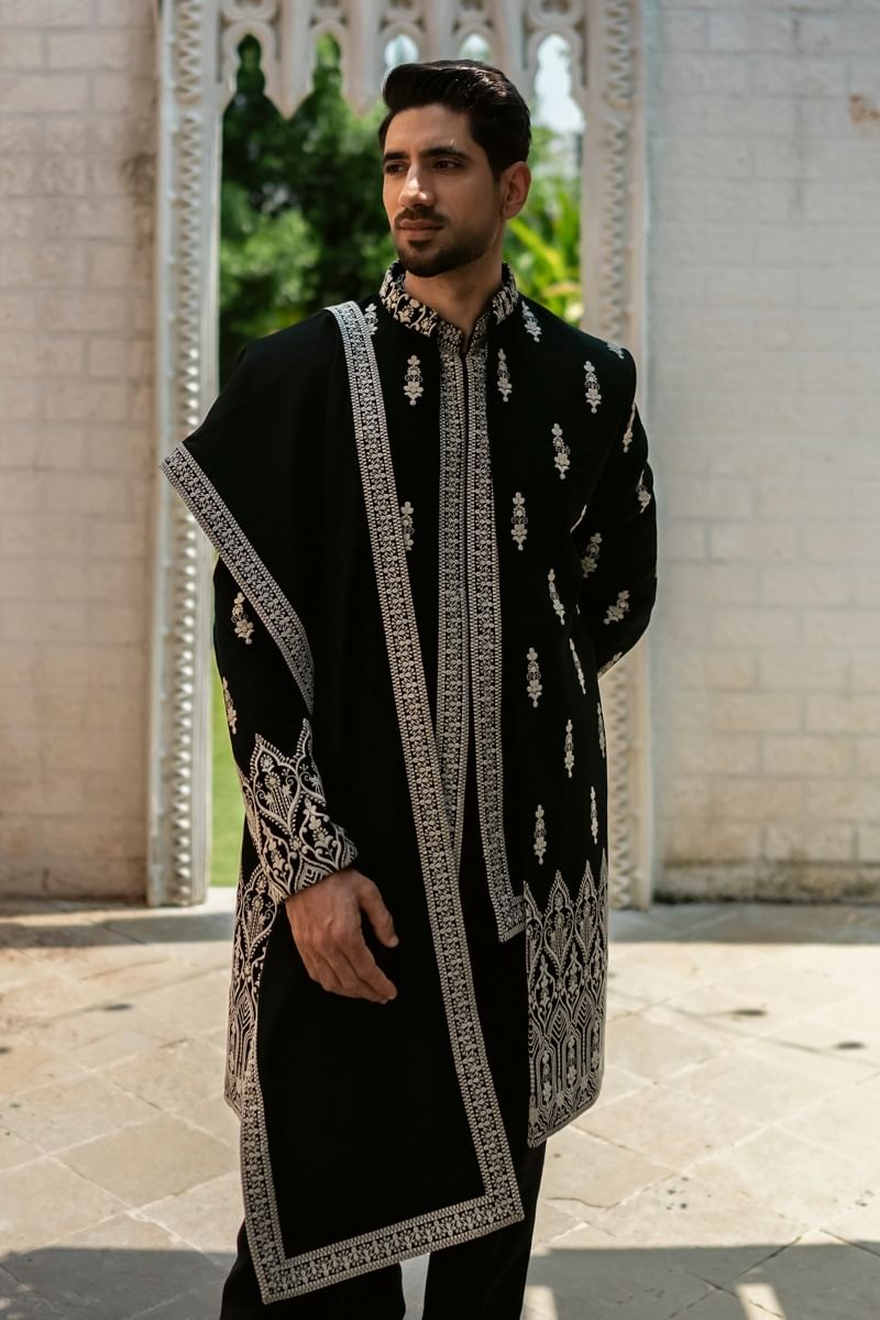Black Embroidered Bomario Silk Indo-Western Sherwani (3-Piece) - Image 3