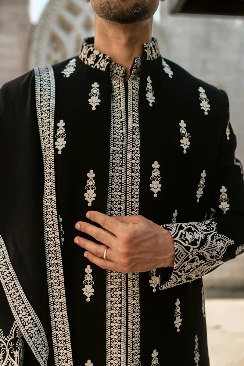 Black Embroidered Bomario Silk Indo-Western Sherwani (3-Piece) - Image 5
