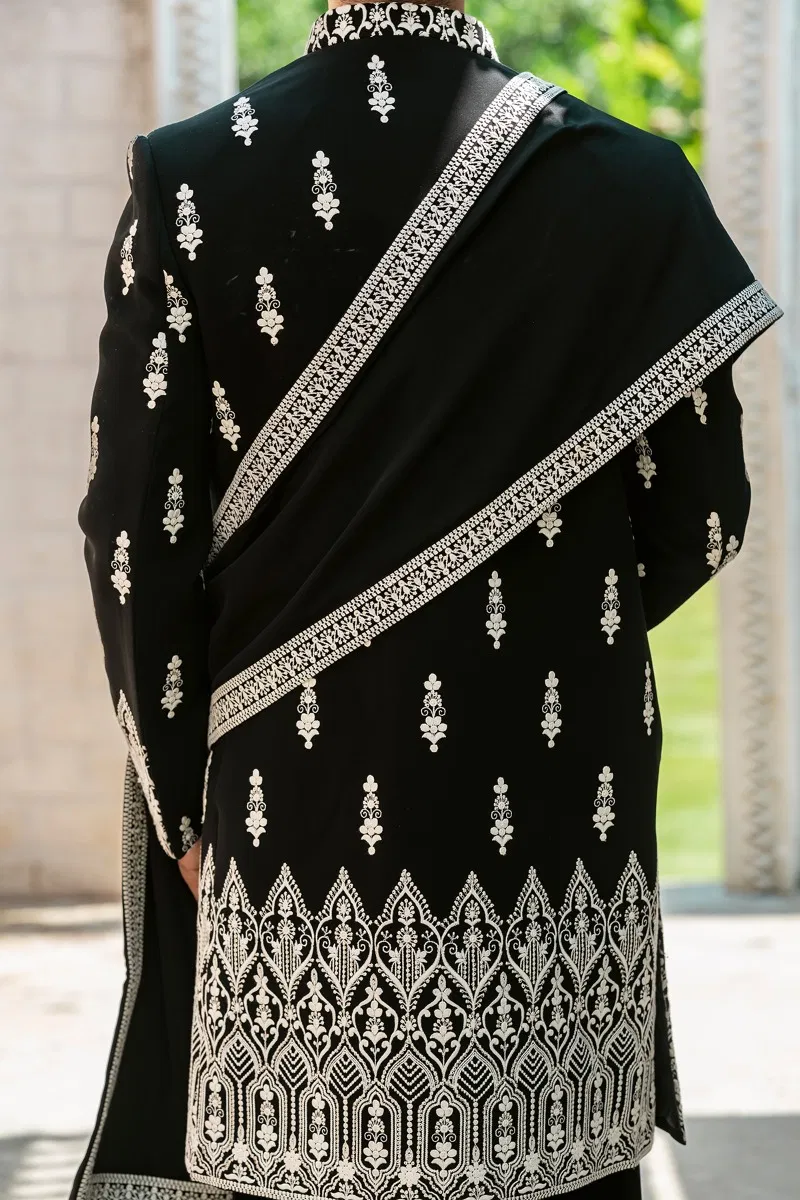 Black Embroidered Bomario Silk Indo-Western Sherwani (3-Piece) - Image 6