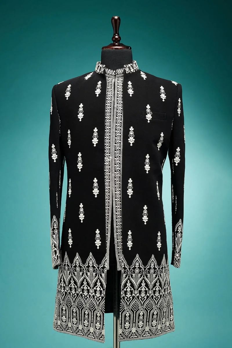 Black Embroidered Bomario Silk Indo-Western Sherwani (3-Piece) - Image 7
