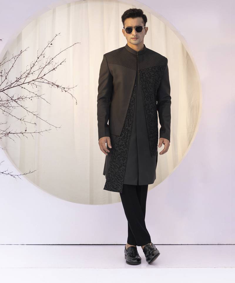 Black Cut Dana Embroidered Cotton-Wool Achkan (2-Piece) - Image 1