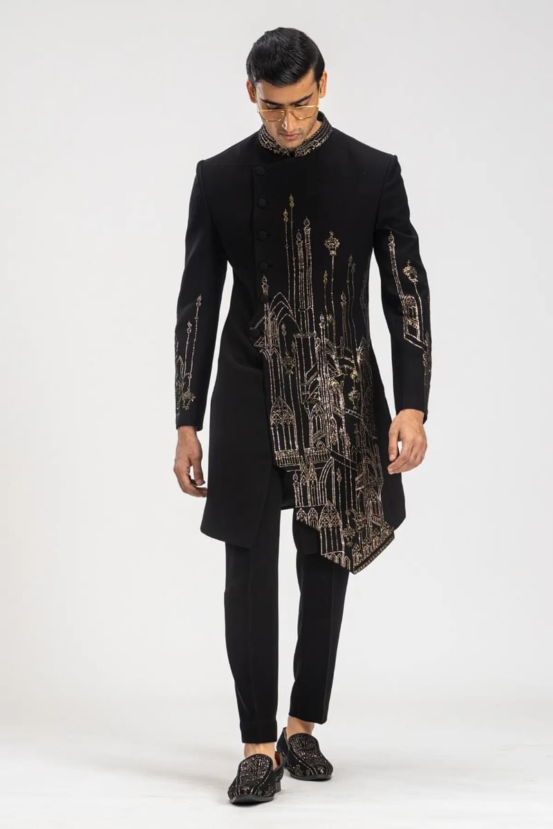 Black Kamdhani Embroidered Italian Sherwani (2-Piece) - Image 1