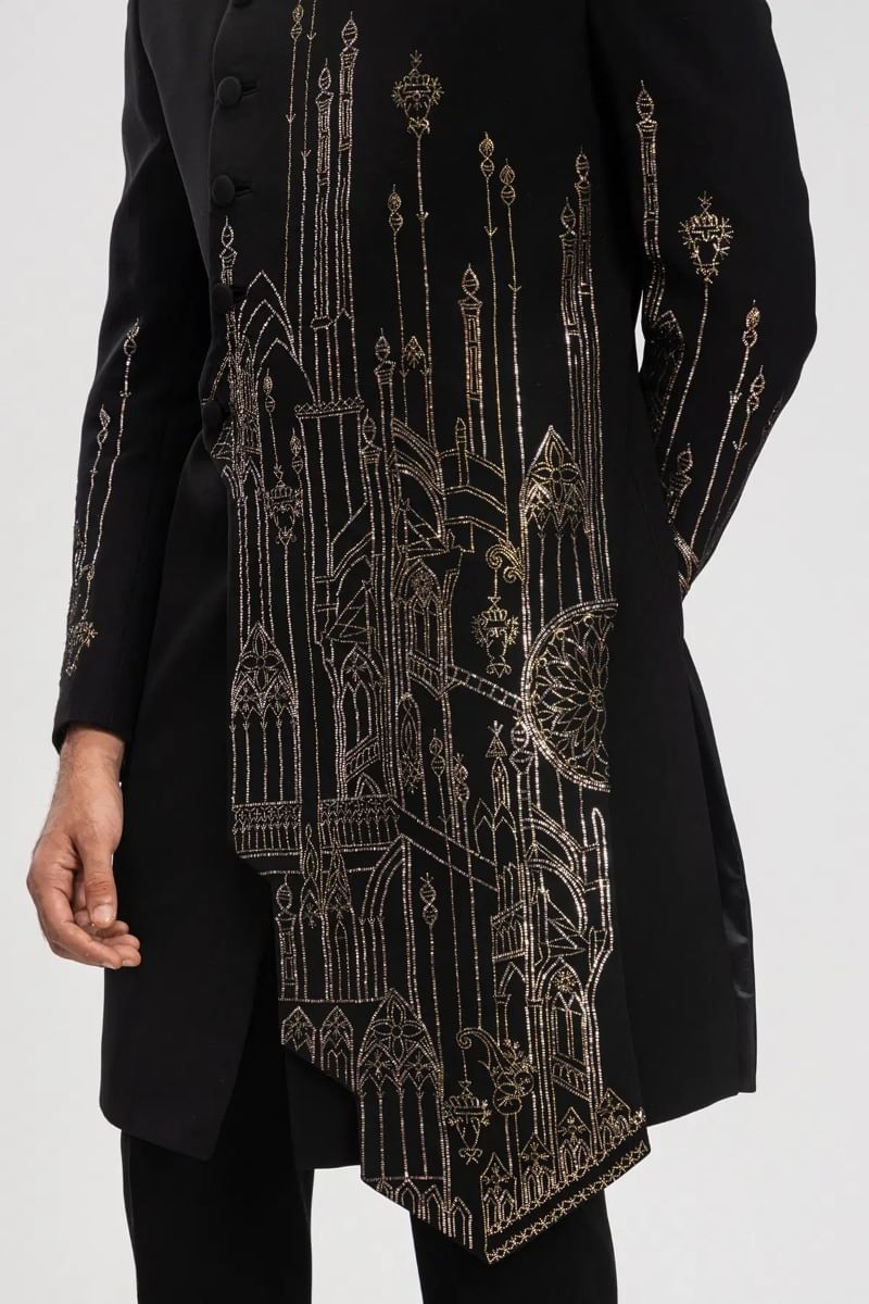 Black Kamdhani Embroidered Italian Sherwani (2-Piece) - Image 2