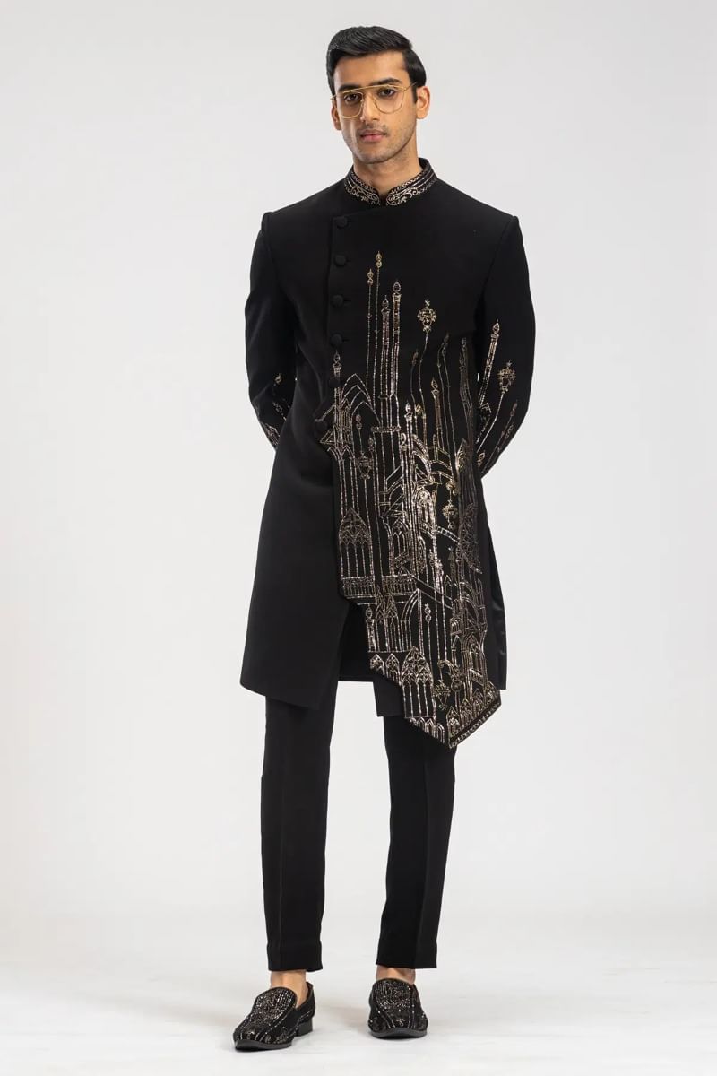 Black Kamdhani Embroidered Italian Sherwani (2-Piece) - Image 3