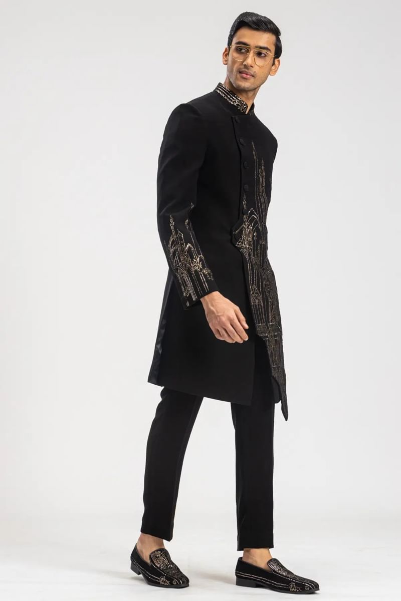 Black Kamdhani Embroidered Italian Sherwani (2-Piece) - Image 4