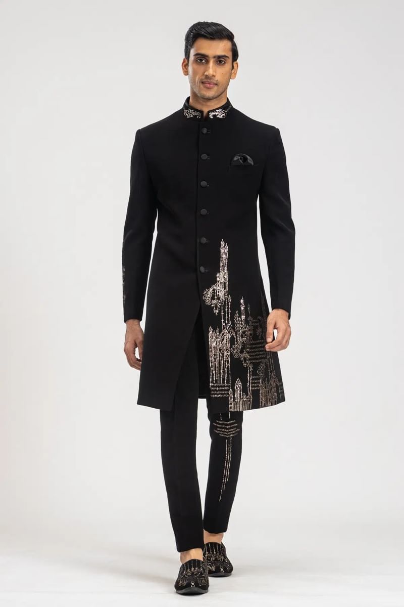 Black Kamdhani Embroidered Italian Fabric Sherwani (2-Piece) - Image 1