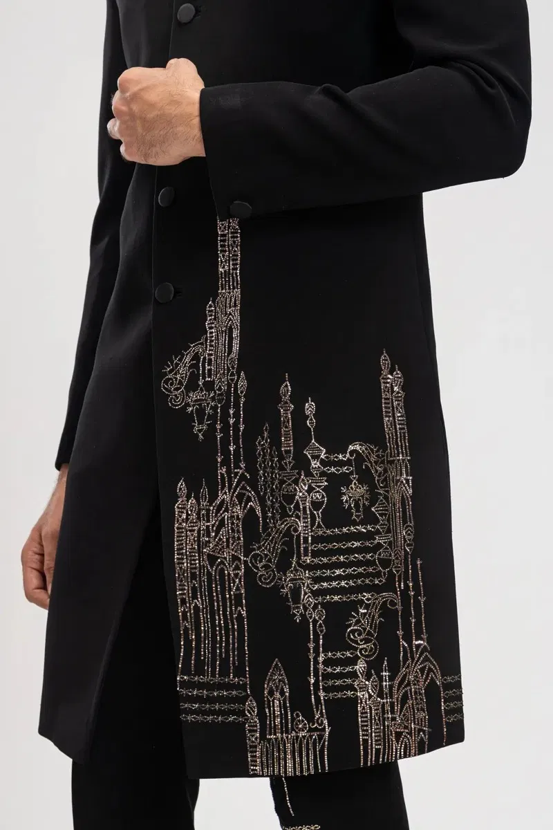 Black Kamdhani Embroidered Italian Fabric Sherwani (2-Piece) - Image 2