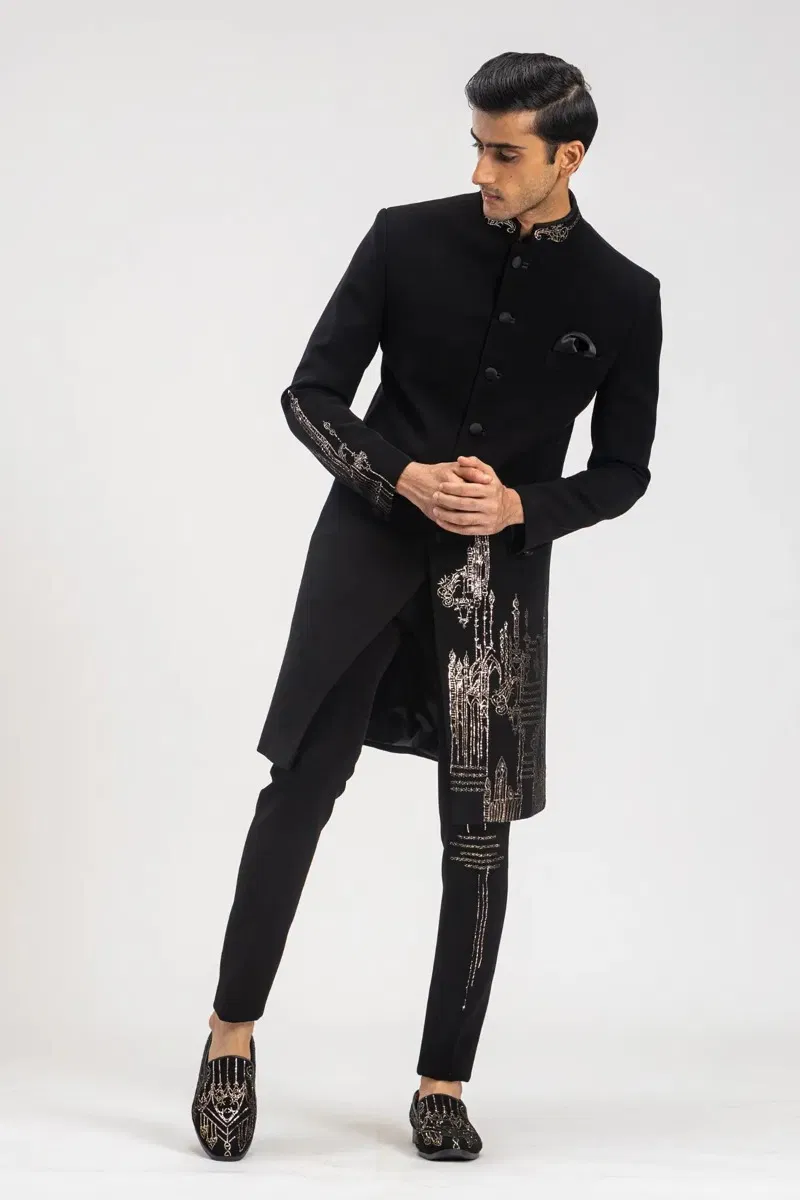 Black Kamdhani Embroidered Italian Fabric Sherwani (2-Piece) - Image 3