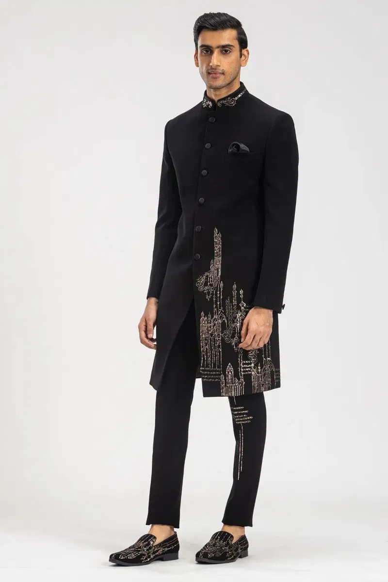 Black Kamdhani Embroidered Italian Fabric Sherwani (2-Piece) - Image 4