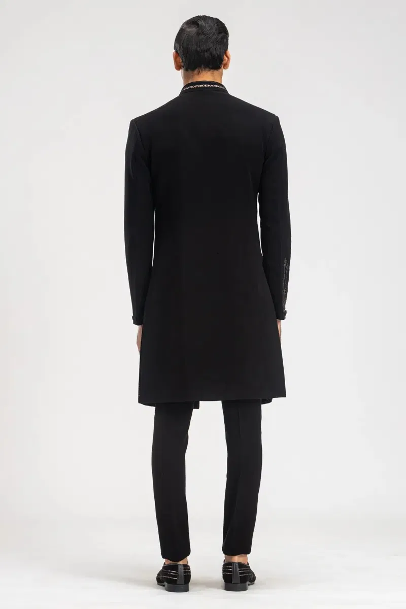 Black Kamdhani Embroidered Italian Fabric Sherwani (2-Piece) - Image 6
