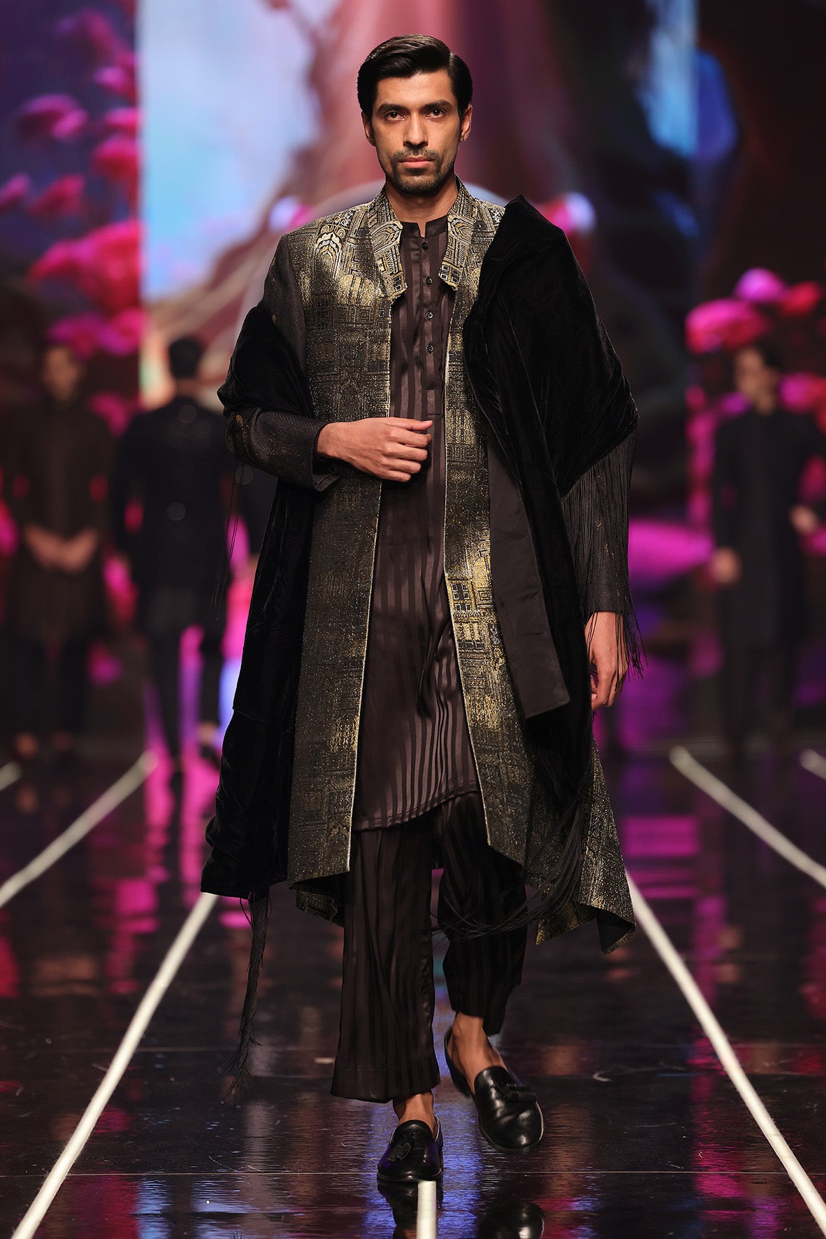 Black Gold Jacquard Sherwani with Velvet Shawl (3-Piece) - Image 1