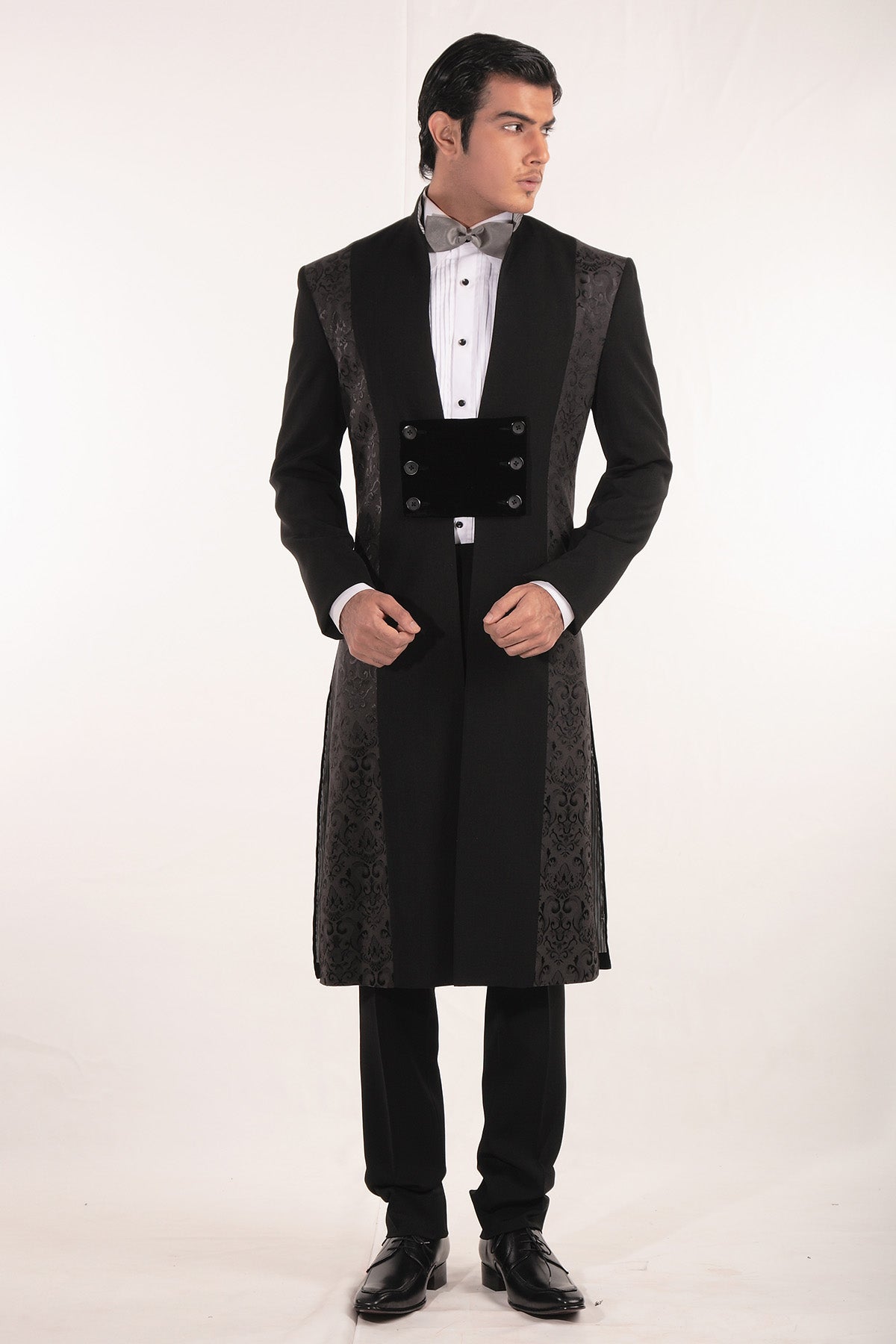 Black Jacquard Sherwani with Velvet Placket (2-Piece) - Image 1