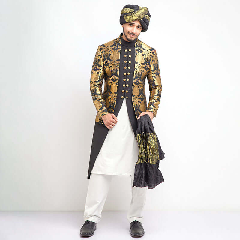 Black Gold Woven Atlas Jamavar Sherwani-Tuxedo (4-Piece) - Image 1