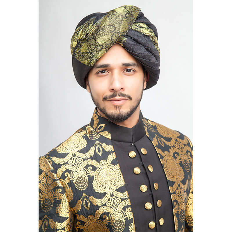 Black Gold Woven Atlas Jamavar Sherwani-Tuxedo (4-Piece) - Image 2