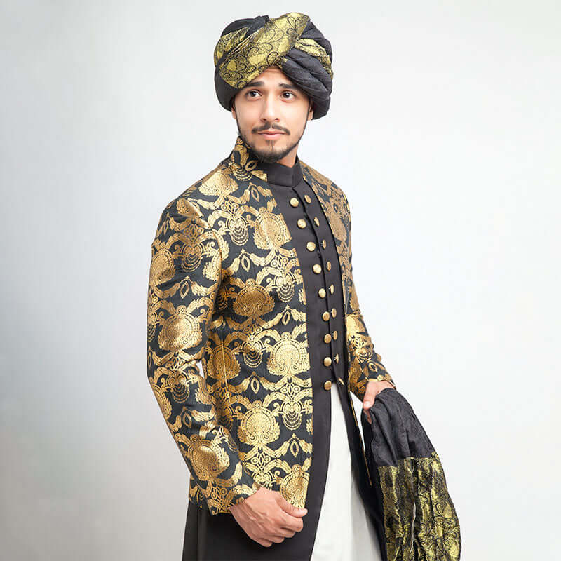 Black Gold Woven Atlas Jamavar Sherwani-Tuxedo (4-Piece) - Image 3