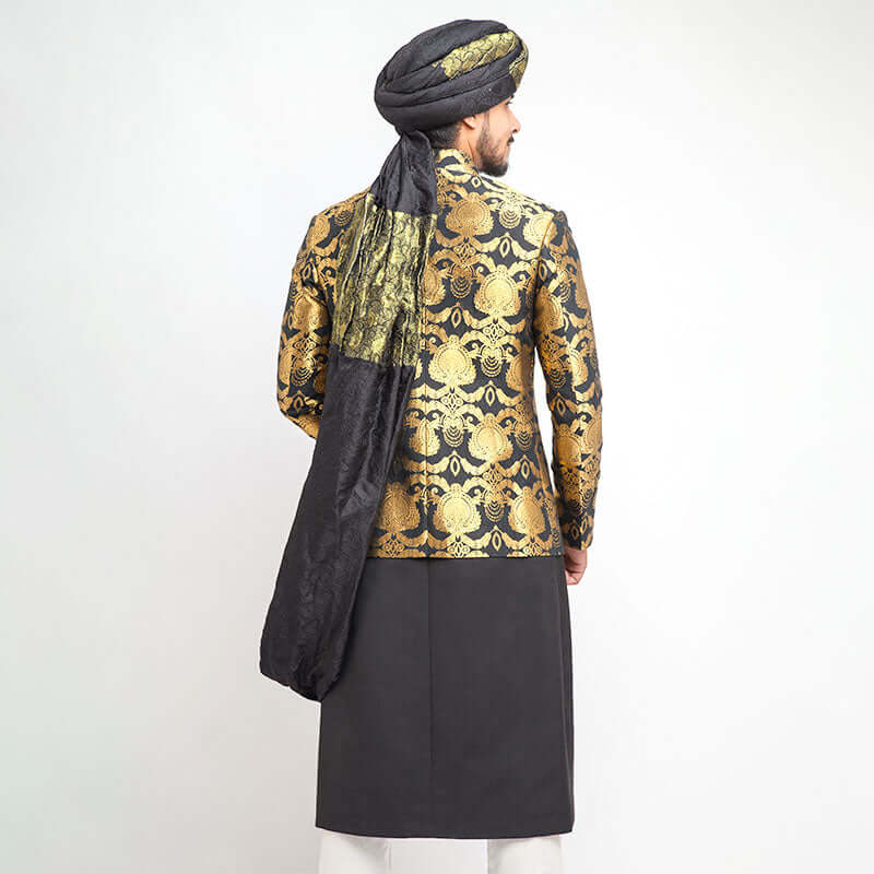 Black Gold Woven Atlas Jamavar Sherwani-Tuxedo (4-Piece) - Image 4