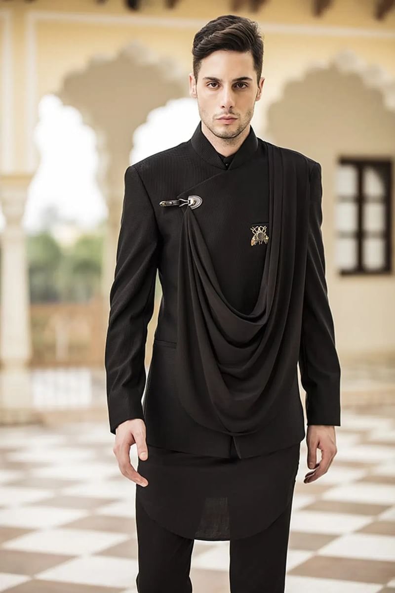 Black Poly-Knit Jodhpuri Suit (3-Piece) - Image 3