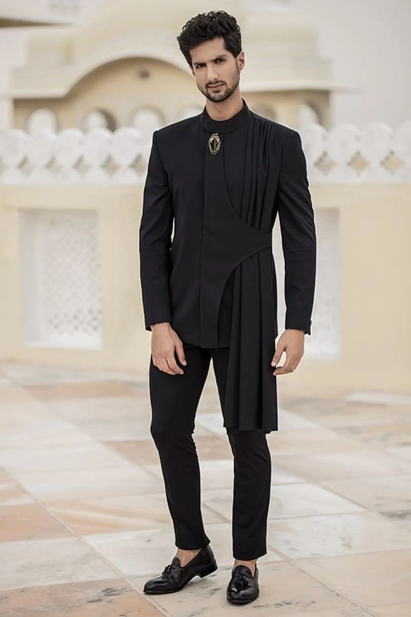 Black Draped Poly-Knit Jodhpuri Suit (2-Piece) - Image 1