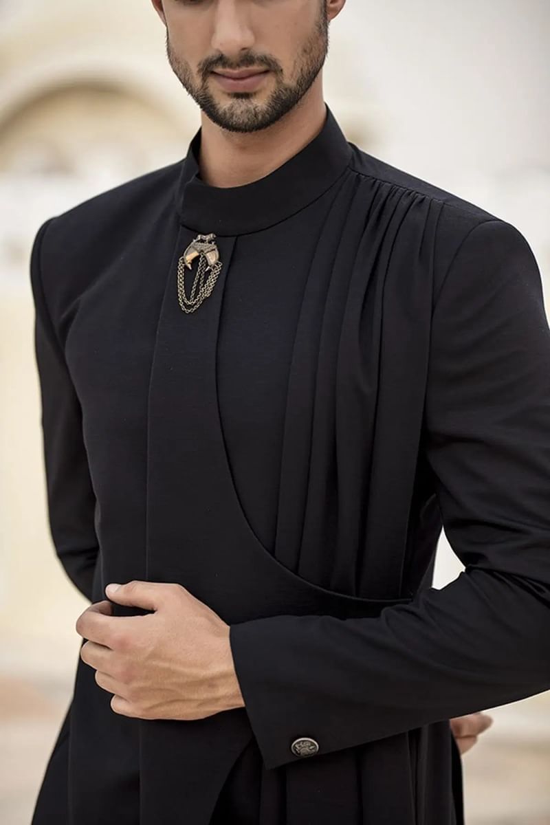 Black Draped Poly-Knit Jodhpuri Suit (2-Piece) - Image 2