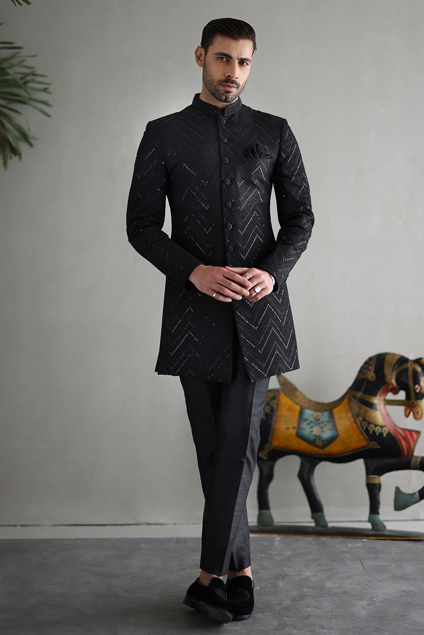 Black Embroidered Raw Silk Indo-Western Sherwani (2-Piece) - Image 1