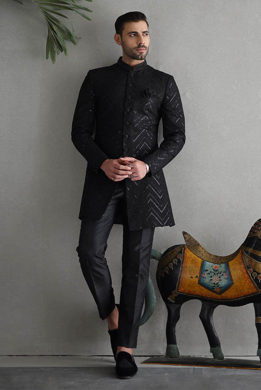 Black Embroidered Raw Silk Indo-Western Sherwani (2-Piece) - Image 4
