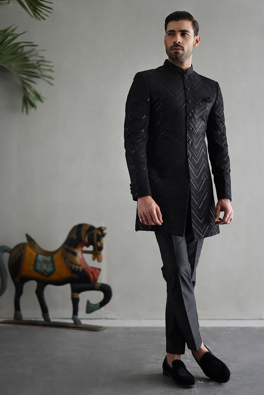 Black Embroidered Raw Silk Indo-Western Sherwani (2-Piece) - Image 5