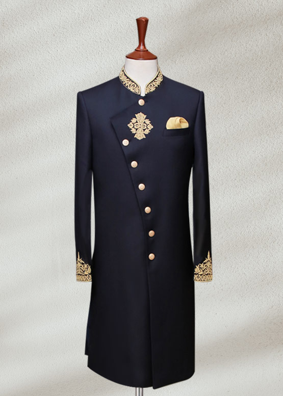 Black Golden Embroidered Silk-Blend Angrakha Sherwani (2-Piece) - Image 1