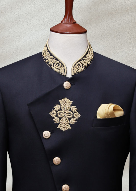 Black Golden Embroidered Silk-Blend Angrakha Sherwani (2-Piece) - Image 3