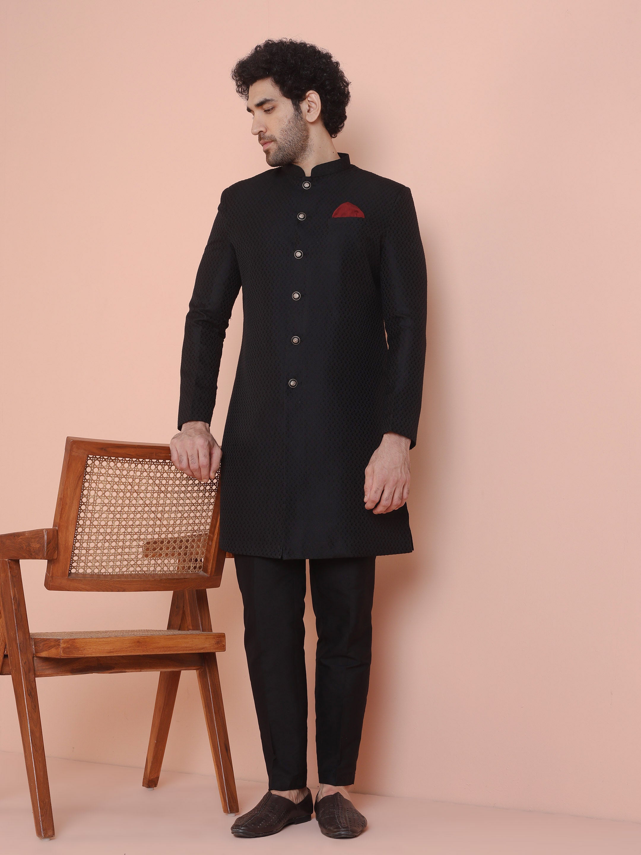 Black Silk Blend Indo-Western Sherwani (2-Piece) - Image 1