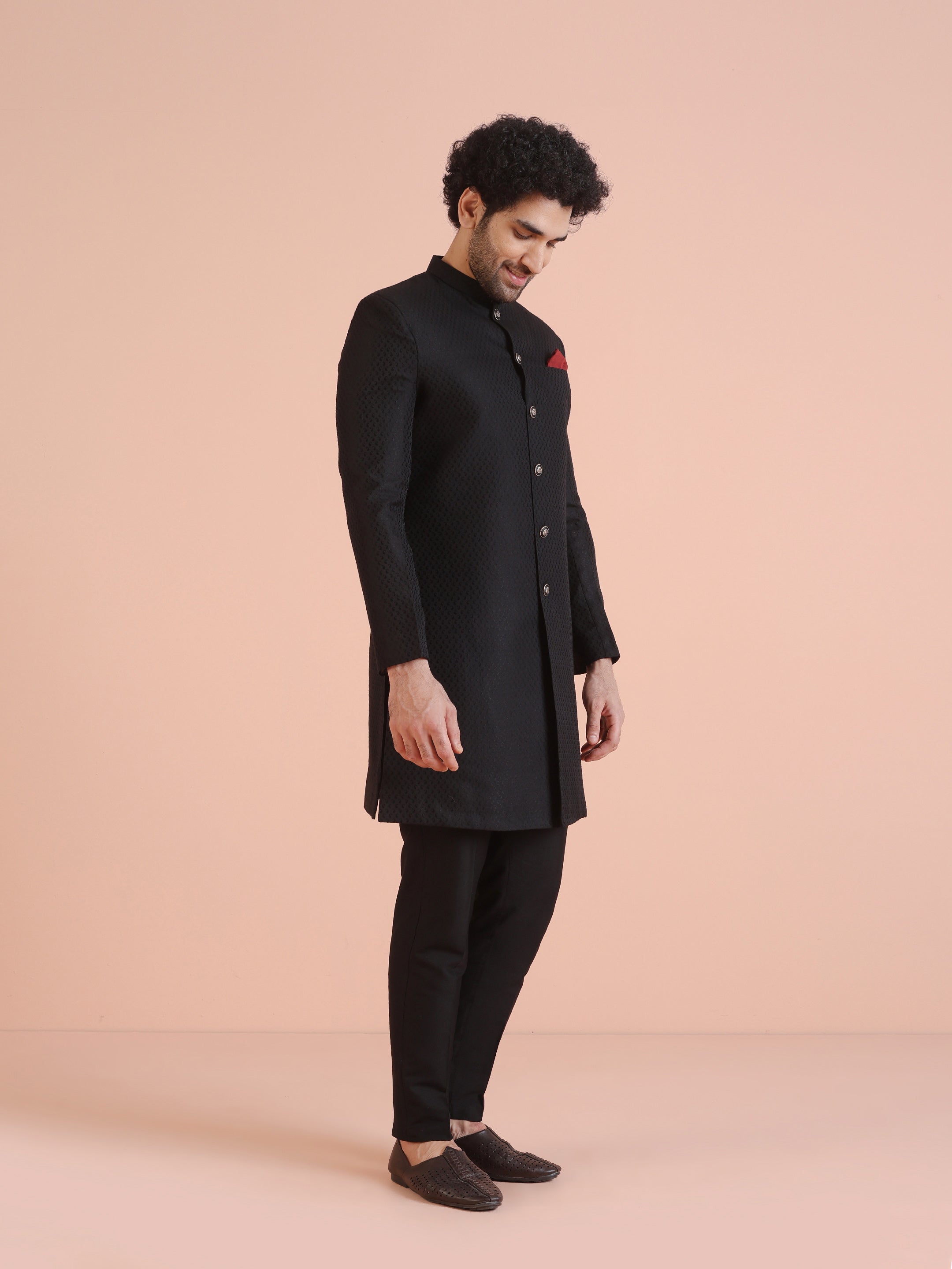 Black Silk Blend Indo-Western Sherwani (2-Piece) - Image 2