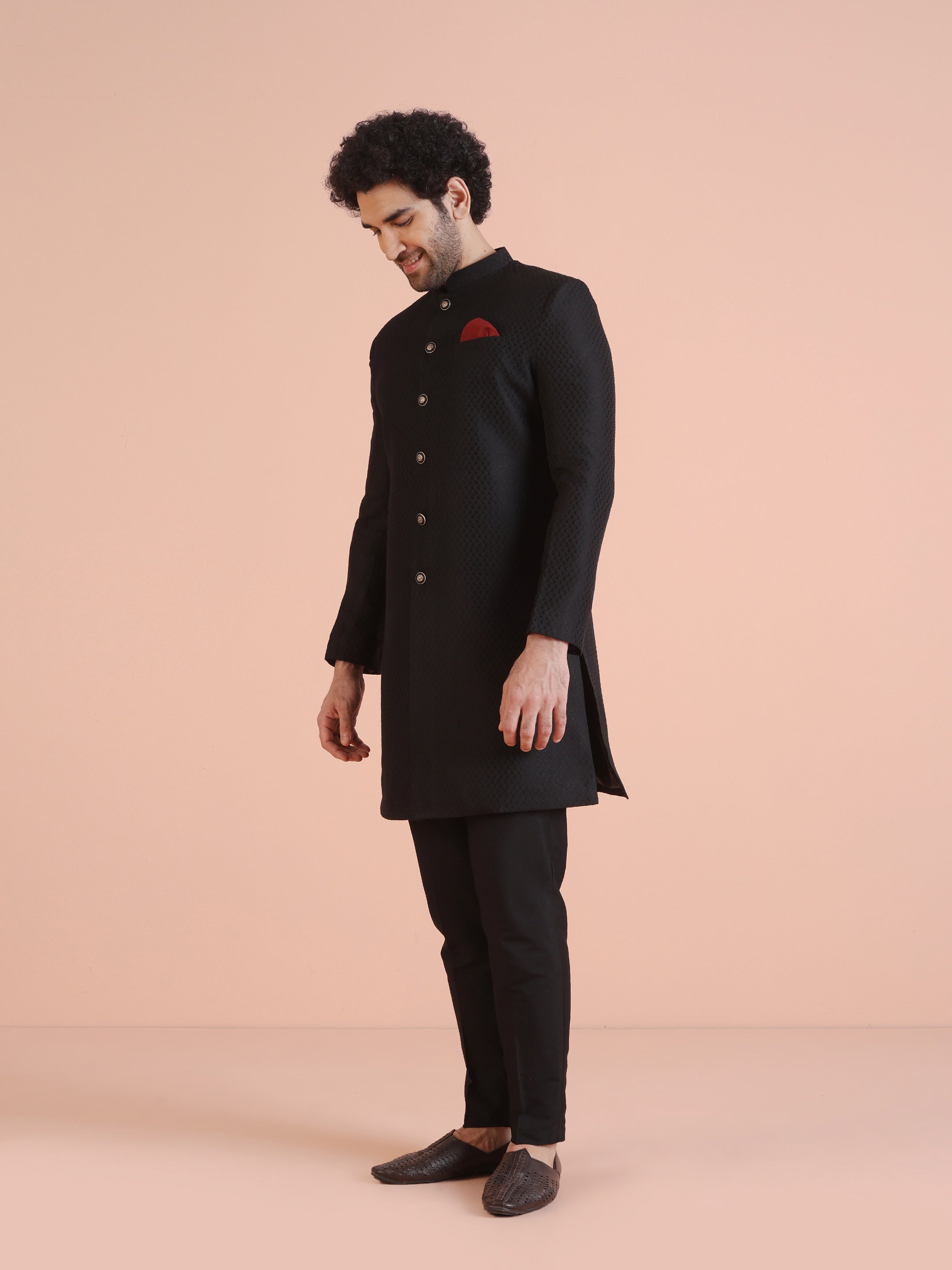 Black Silk Blend Indo-Western Sherwani (2-Piece) - Image 3