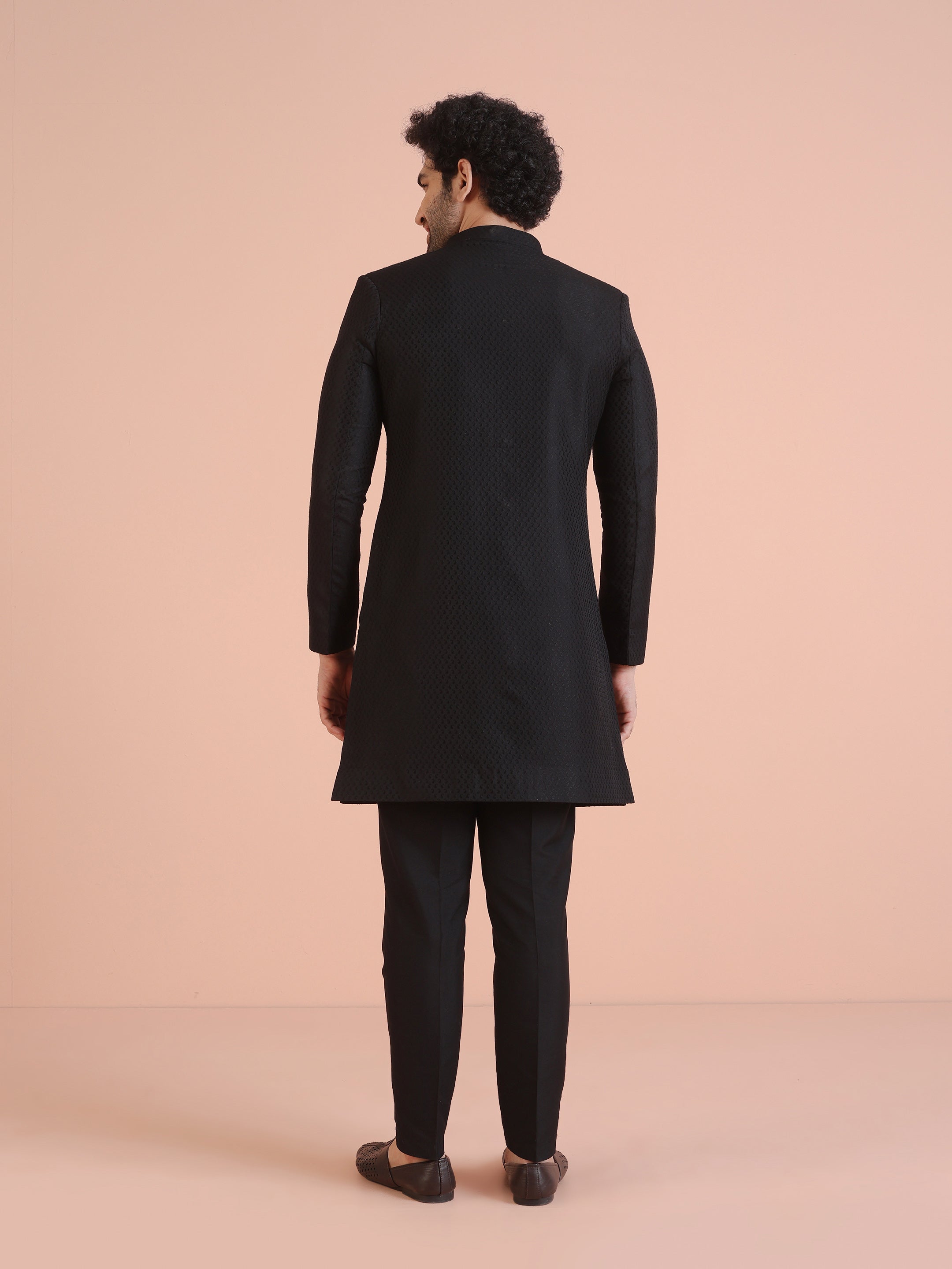 Black Silk Blend Indo-Western Sherwani (2-Piece) - Image 4