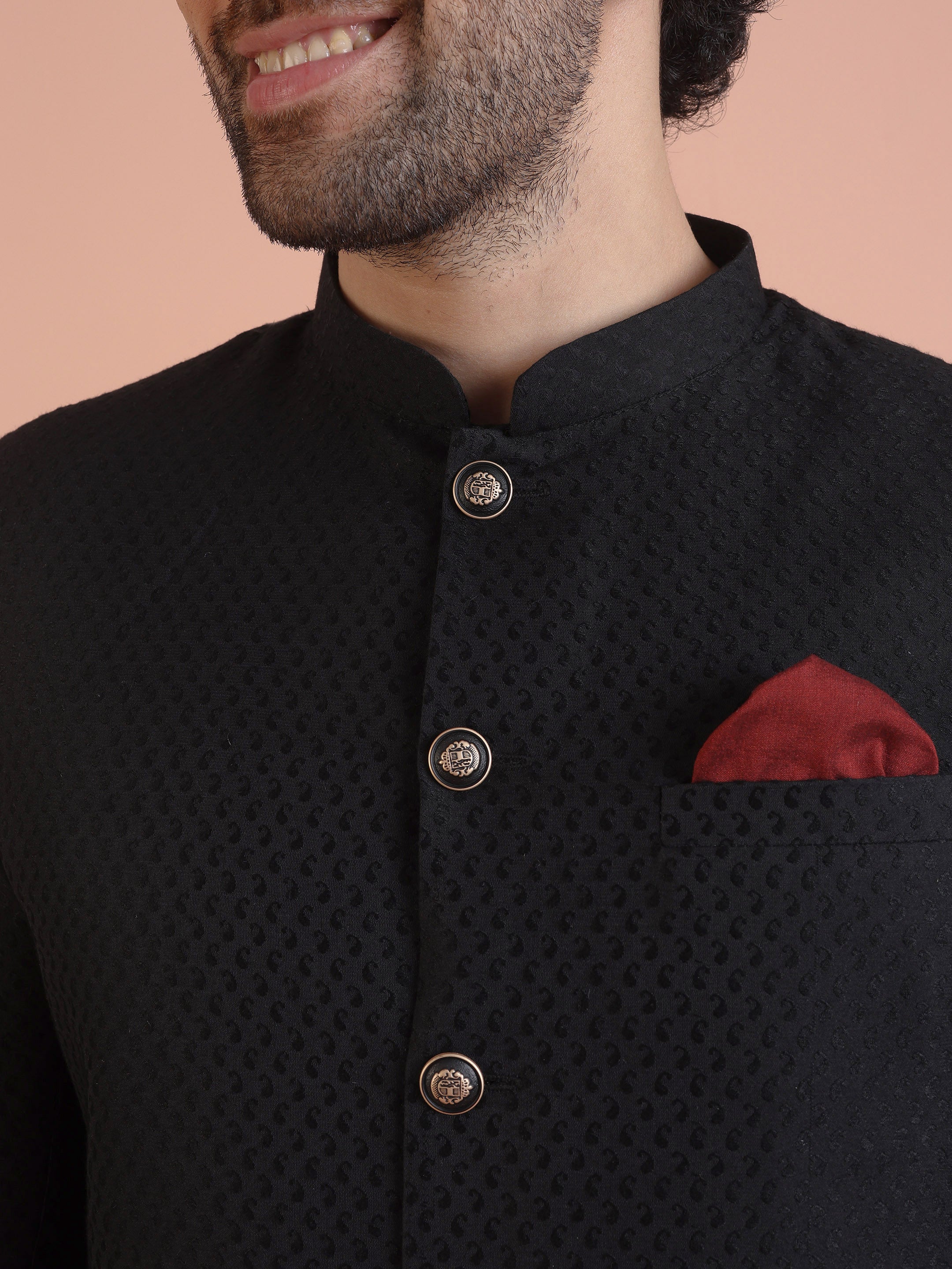 Black Silk Blend Indo-Western Sherwani (2-Piece) - Image 5