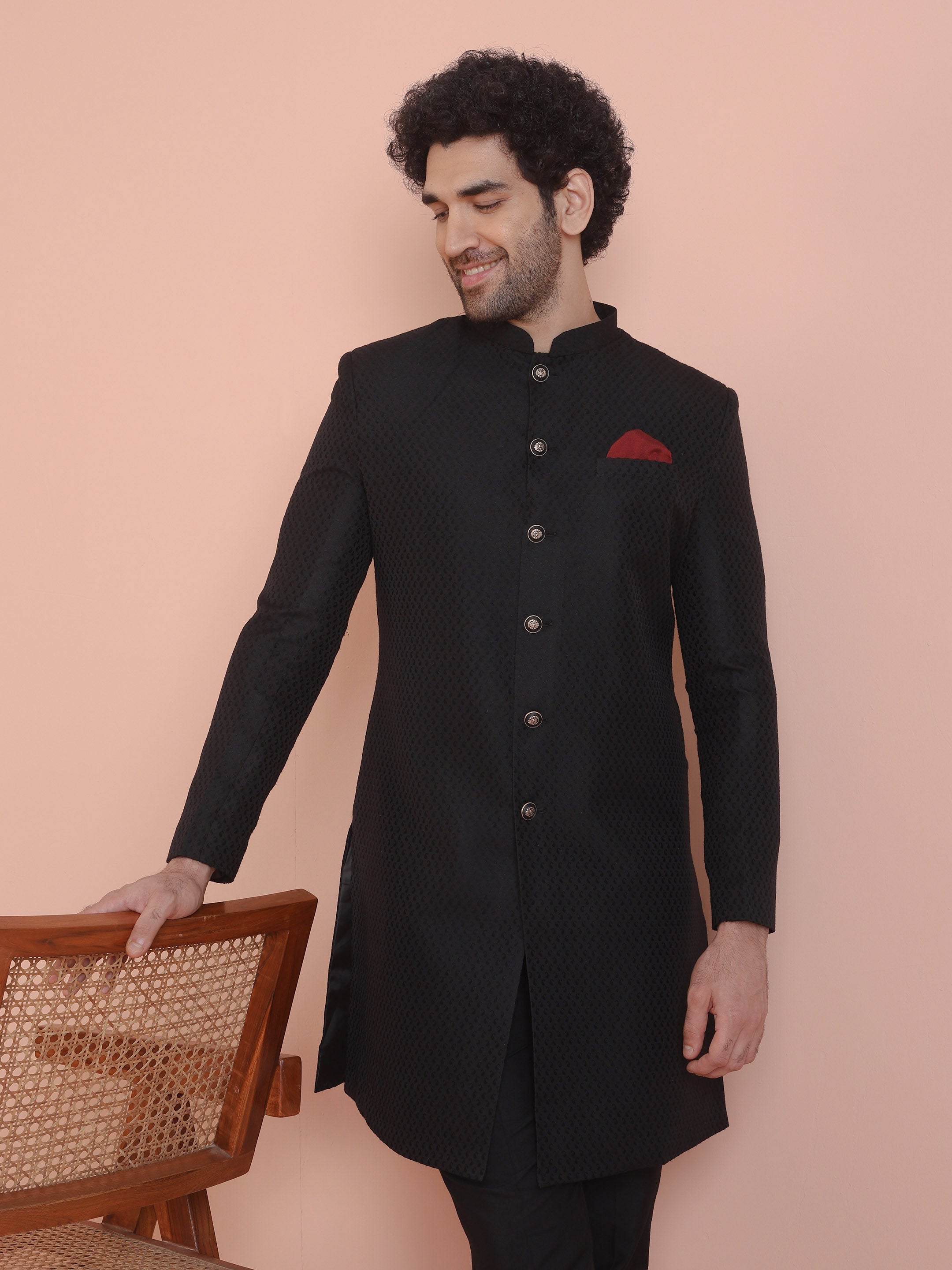 Black Silk Blend Indo-Western Sherwani (2-Piece) - Image 7