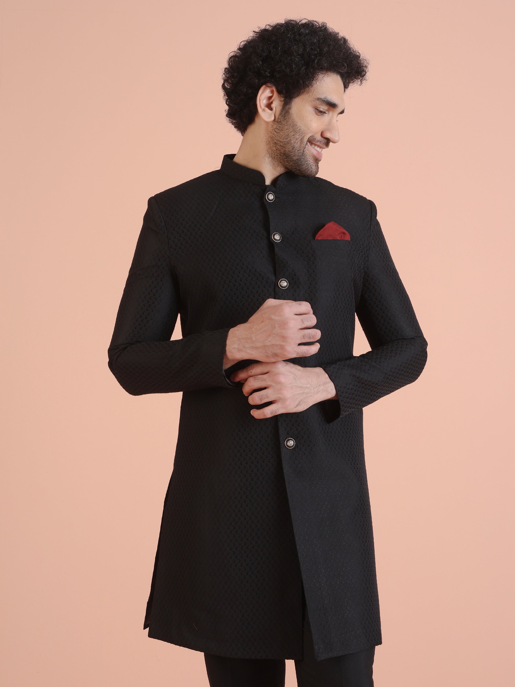 Black Silk Blend Indo-Western Sherwani (2-Piece) - Image 9