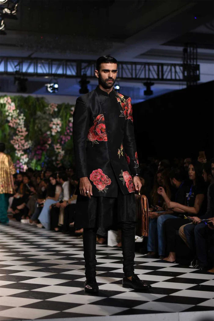 Black Floral Embroidered Silk Sherwani (3-Piece) - Image 1