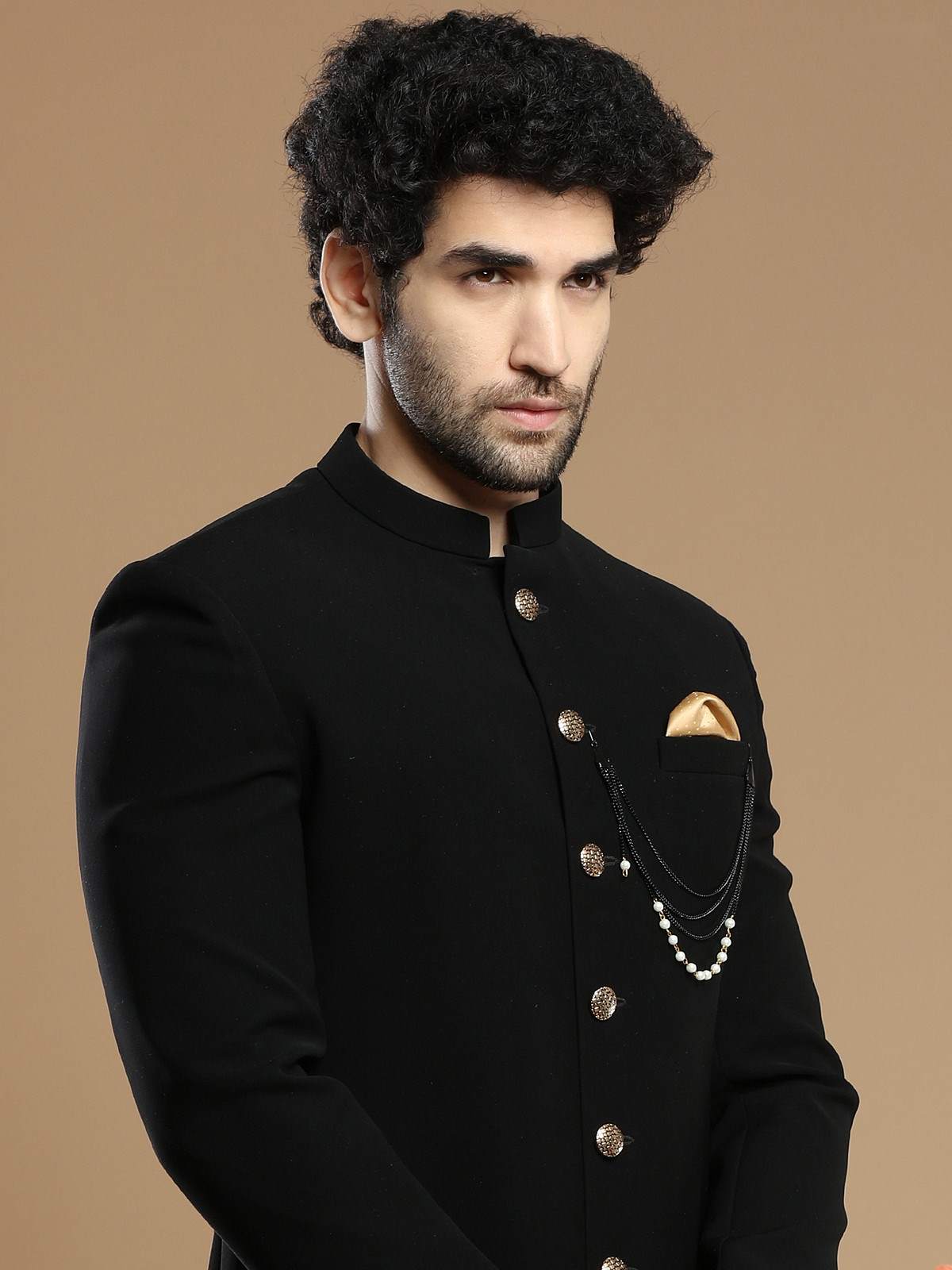 Black Terry Rayon Indo-Western Sherwani (2-Piece) - Image 2