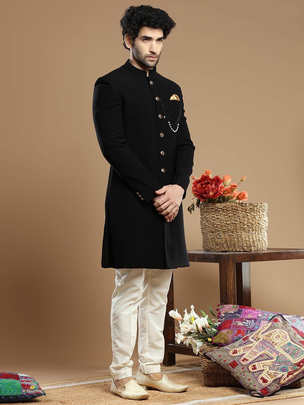 Black Terry Rayon Indo-Western Sherwani (2-Piece) - Image 3