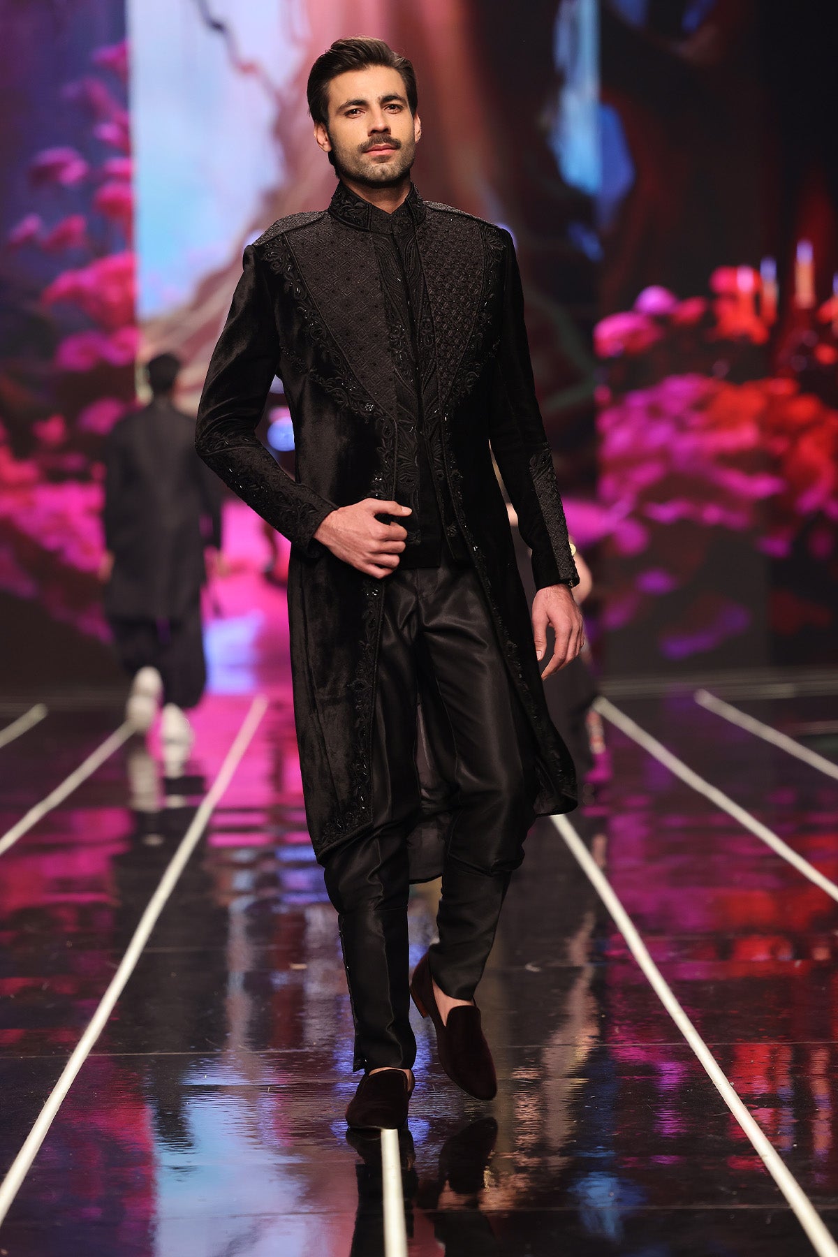 Black Velvet Embroidered Sherwani (2-Piece) - Image 1
