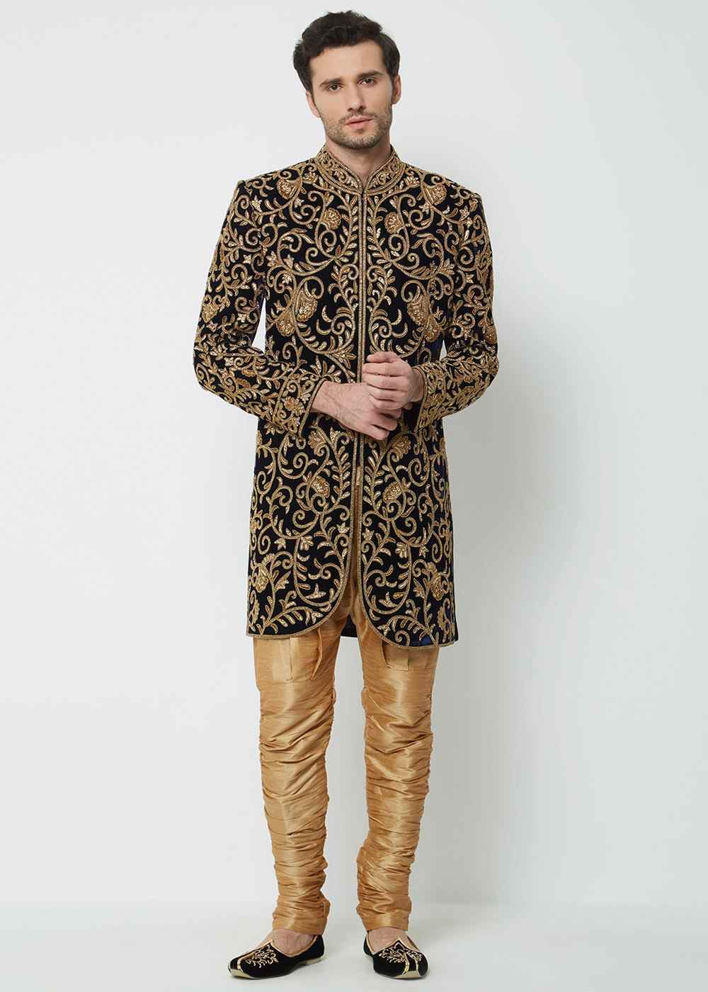 Black Velvet Gold Zari Embroidered Sherwani (2-Piece) - Image 1