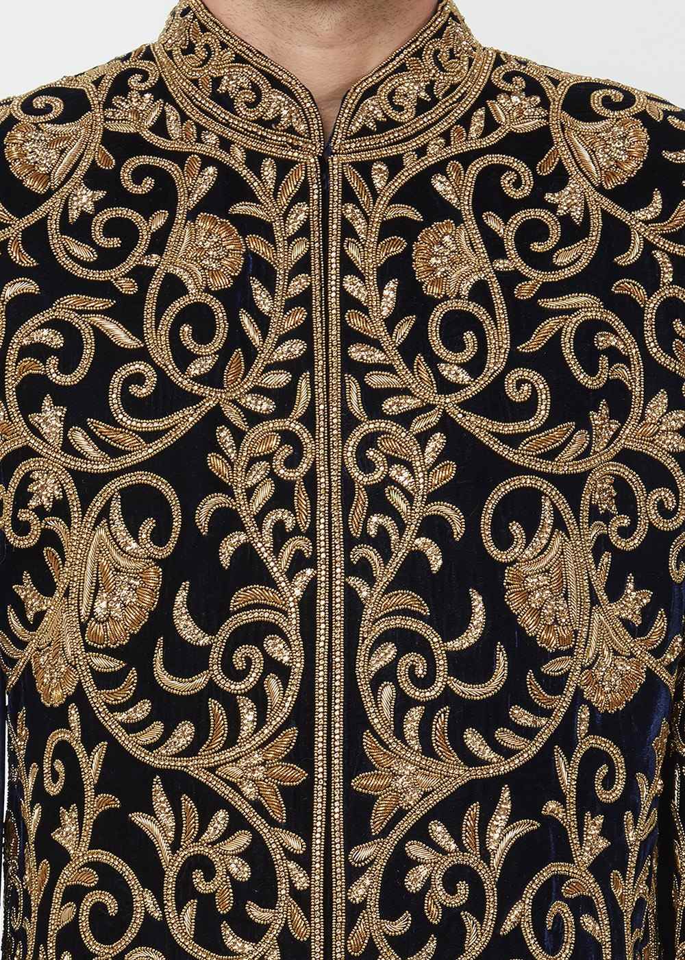 Black Velvet Gold Zari Embroidered Sherwani (2-Piece) - Image 2