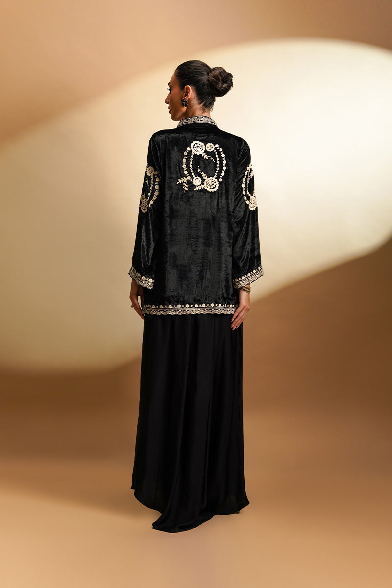 Black Aari Embroidered Velvet & Silk Jacket Set (2-Piece) - Image 2